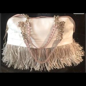 CHRISTIAN LOUBOUTIN WHITE/IVORY GAI MARIANNE BAG W FRING TRIM.  NWOT